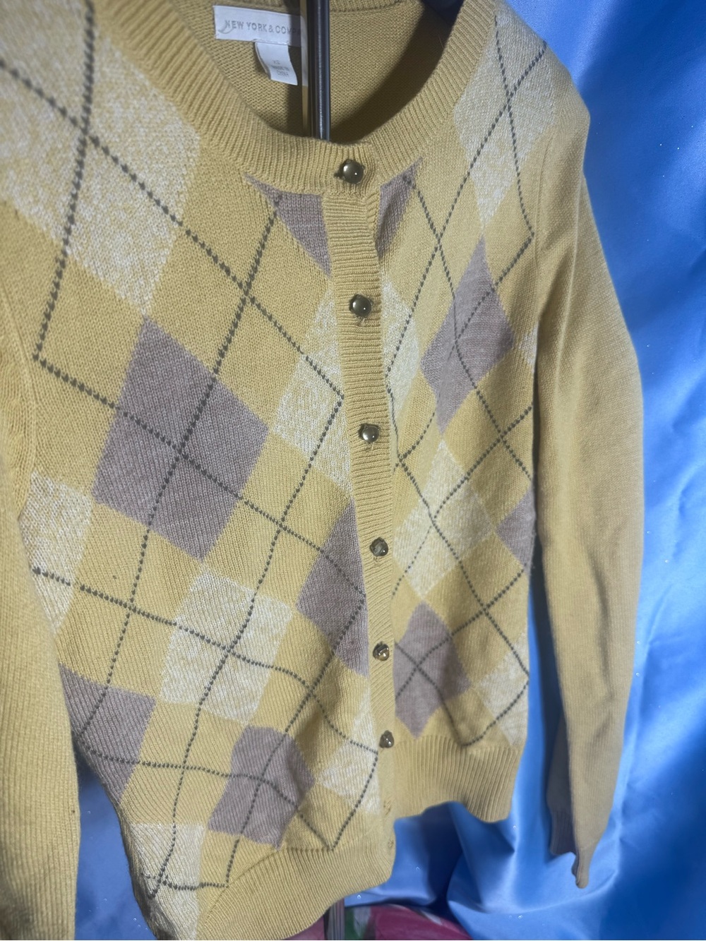 New York & Company Yellow Mustard Argyle Button-Front Cardigan